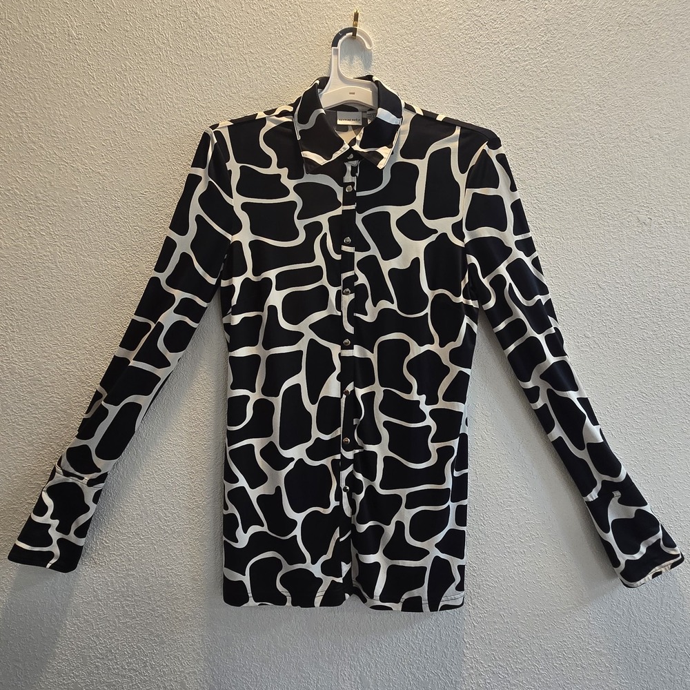 Newport News Giraffe Print Blouse Women's Small Black White Button Front Shirt - Picture 1 of 16